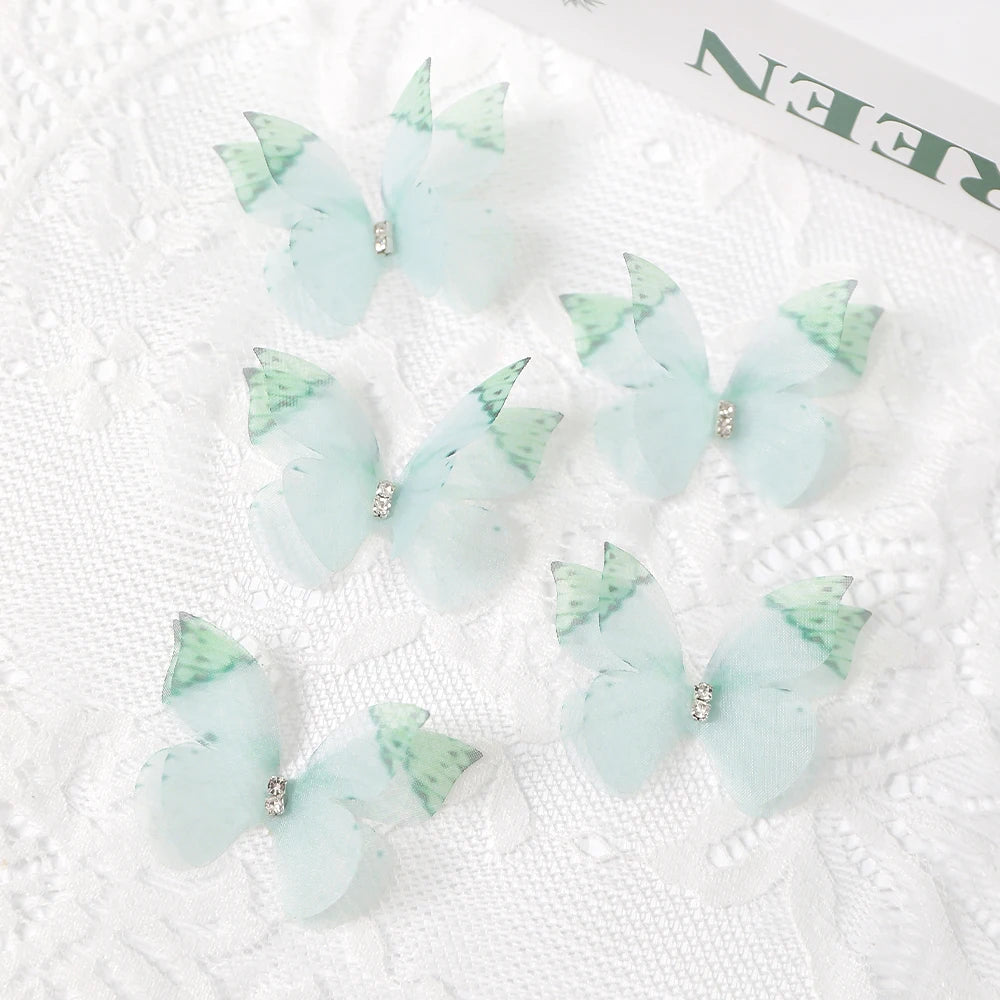 Light blue translucent butterfly patches with silver embroidery on white lace fabric