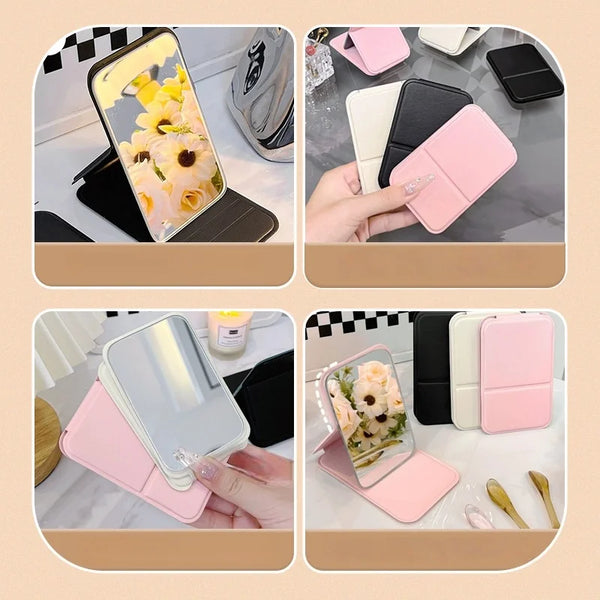 A collection of pink and black portable folding HD makeup mirrors shown in various angles and with different accessories.