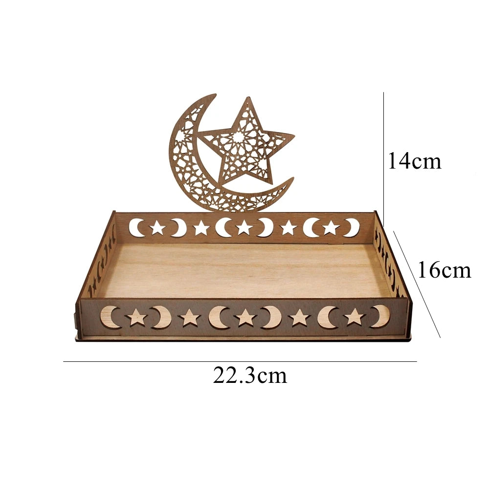 Bandeja de servir de Eid Mubarak de madera con recortes decorativos de luna creciente y estrella