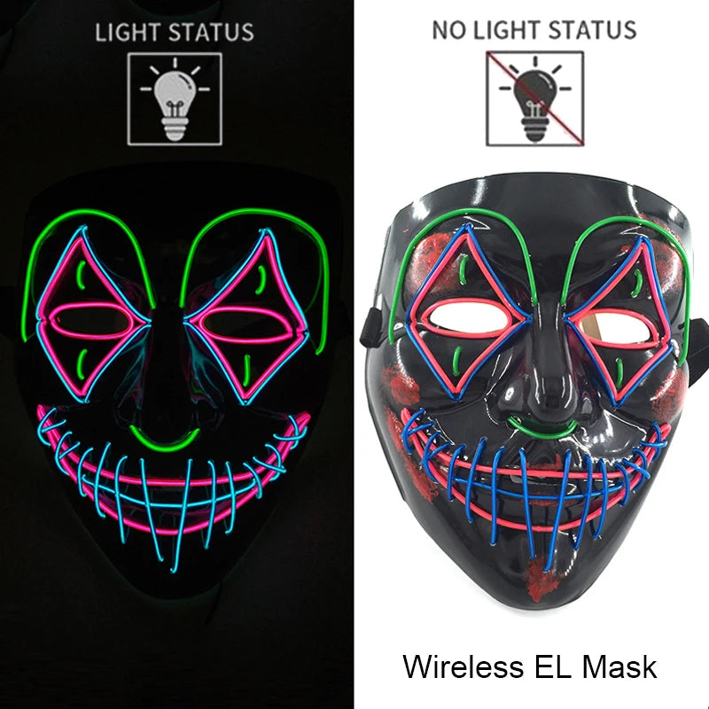 A black glowing LED mask featuring neon green and pink light patterns, shown next to a version with no light status.