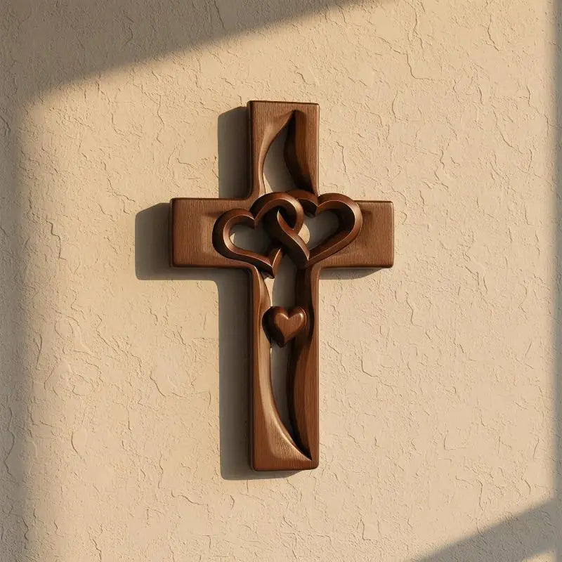 A wooden wall cross with intertwined hearts carved into the design, mounted on a light-colored textured wall.