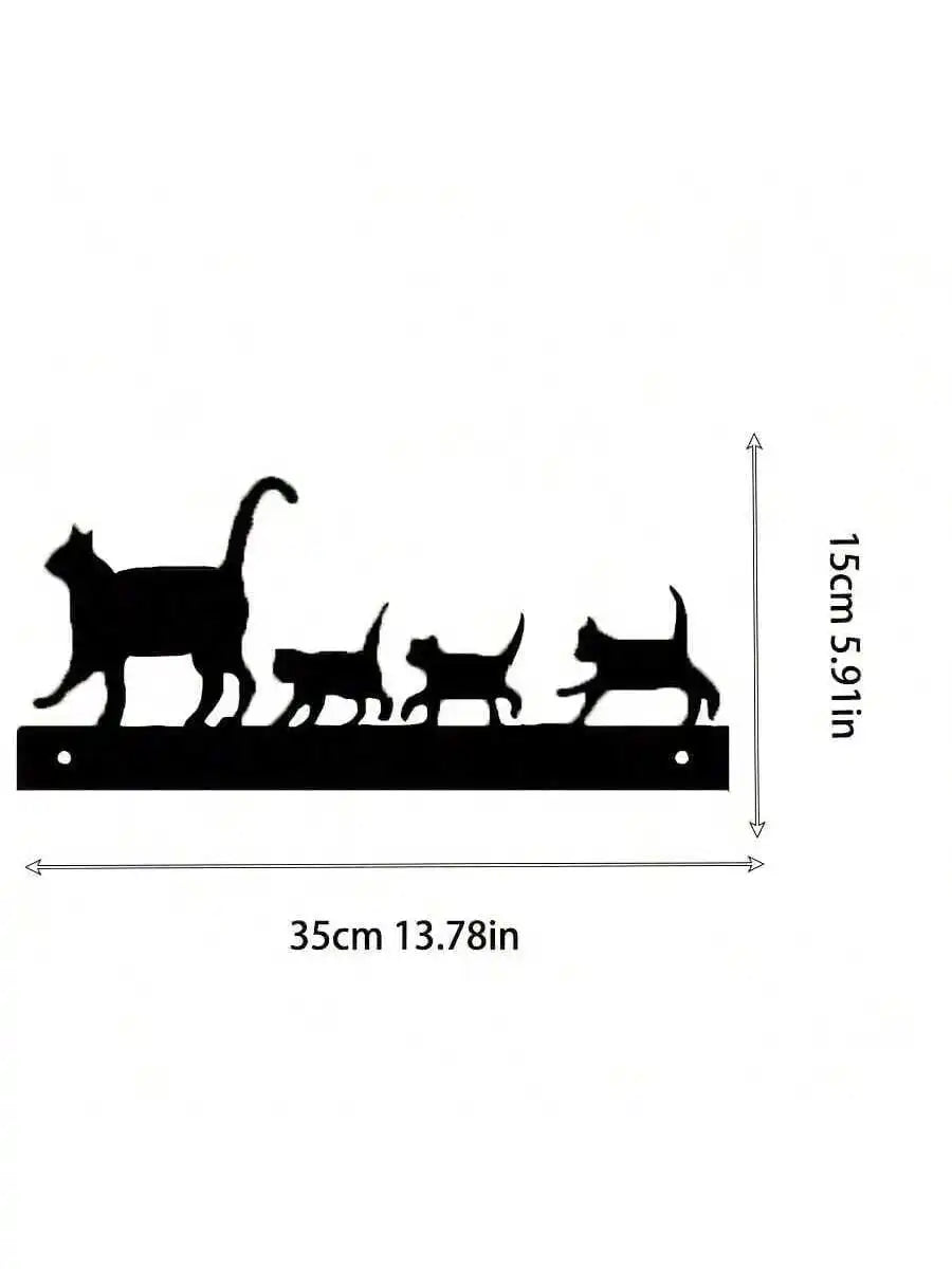 Black silhouette of a cat and several other cats on a horizontal metal bar for wall decor