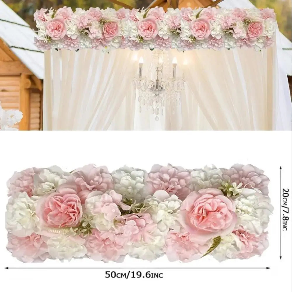 A horizontal panel of artificial pink and white roses used for wedding and party decor.
