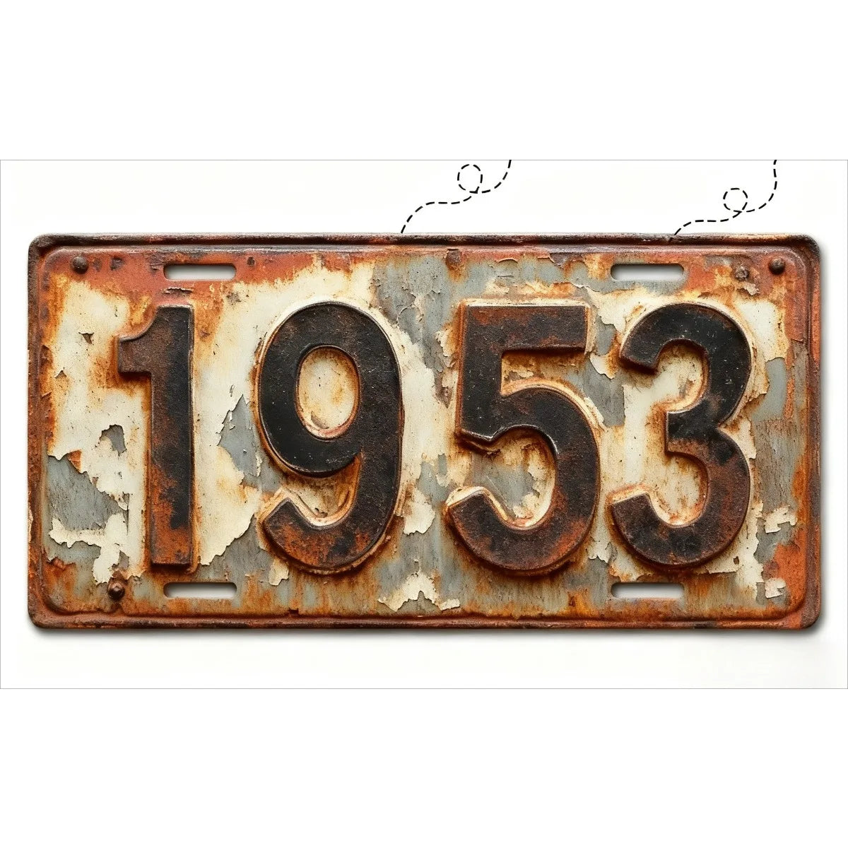 A vintage, weathered aluminum license plate tag displaying the year 1953.