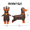 A brown inflatable dachshund dog costume for adults shown in a standing and lying pose.