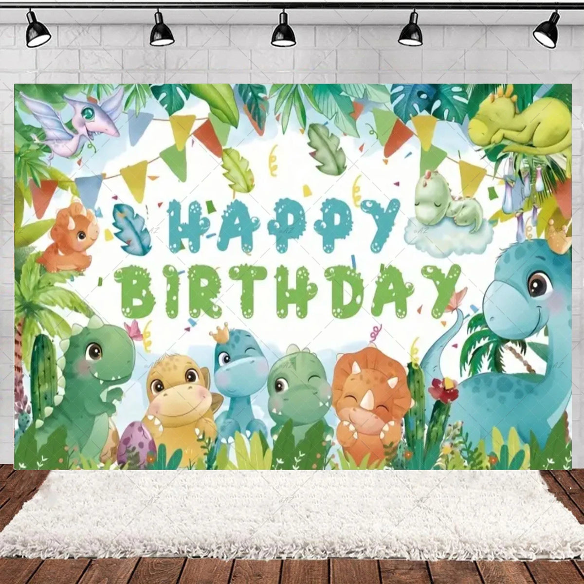 A colorful cartoon dinosaur birthday party backdrop featuring various dinosaurs in a lush jungle setting.