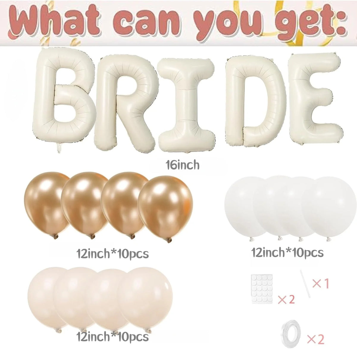 A set of white and gold balloons including large letter balloons, round balloons, and clear balloons for bridal events