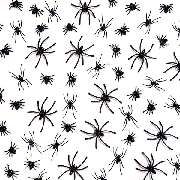 A pattern of realistic mini plastic spiders for Halloween decor and pranks.