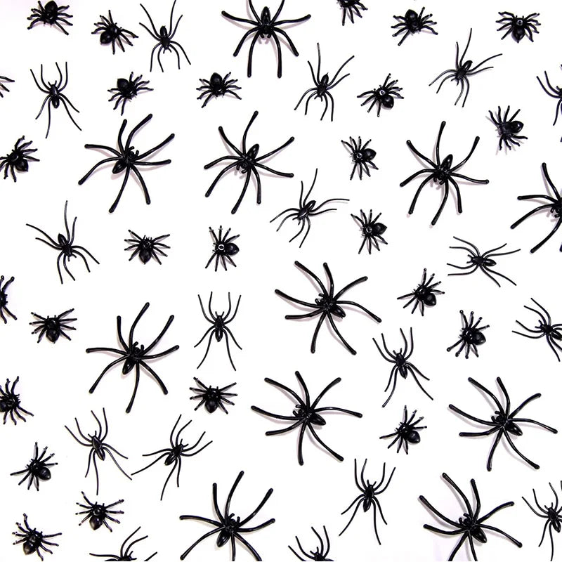 A pattern of realistic mini plastic spiders for Halloween decor and pranks