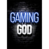 Texto brillante azul neón en una pared de ladrillo oscuro que dice GAMING GOD