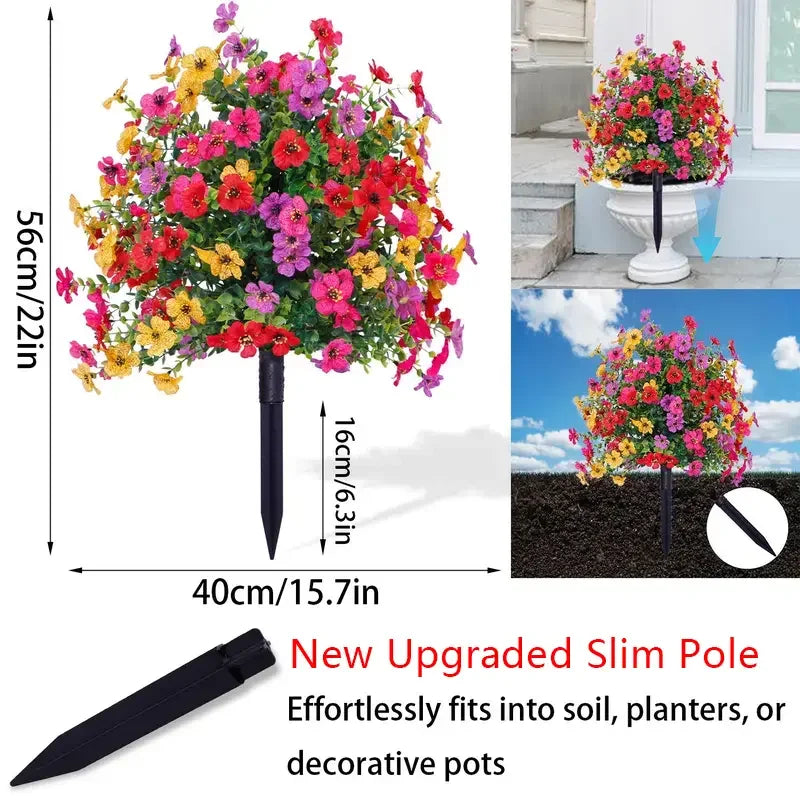 Composition florale vibrante avec des fleurs roses, jaunes et rouges sur un piquet noir pour décoration de jardin