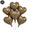 A set of six heart-shaped foil balloons with a leopard print pattern.