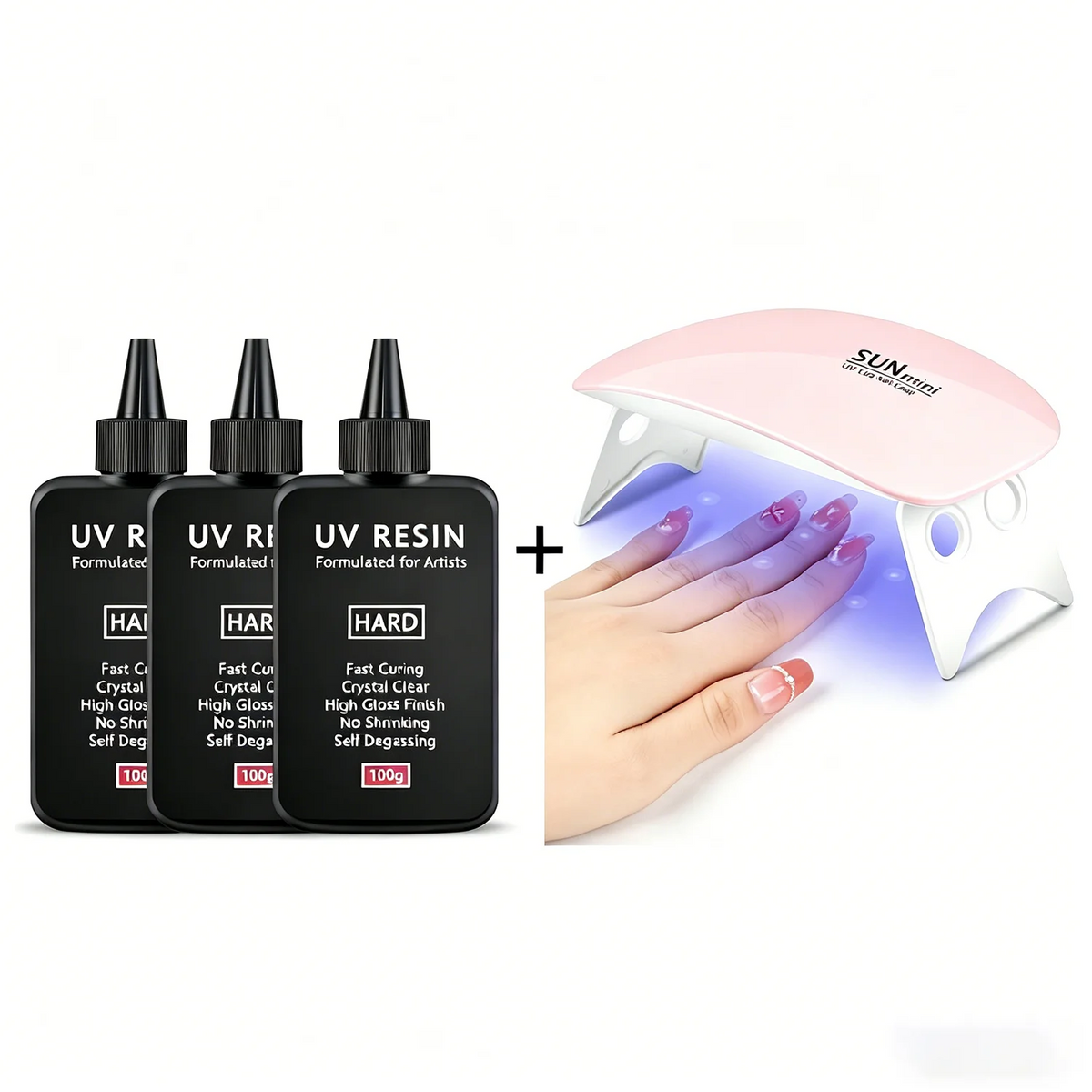 UV resin curing kit featuring UV and hard resin bottles and a pink UV curing lamp for jewelry making