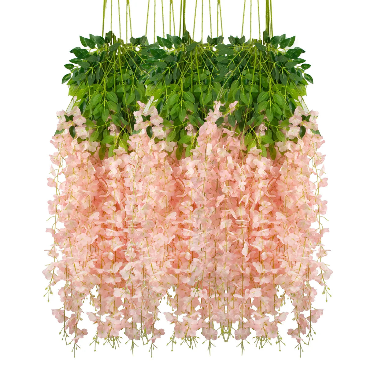 A hanging silk wisteria vine garland featuring green leaves and pink flowers for wedding or home decor.