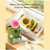 Hand crocheted sunflower bee potted ornaments in a gift box with a joyful message