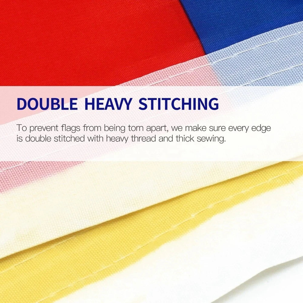 Close-up of fabric showing double heavy stitching on a flag with red, white, and blue colors.