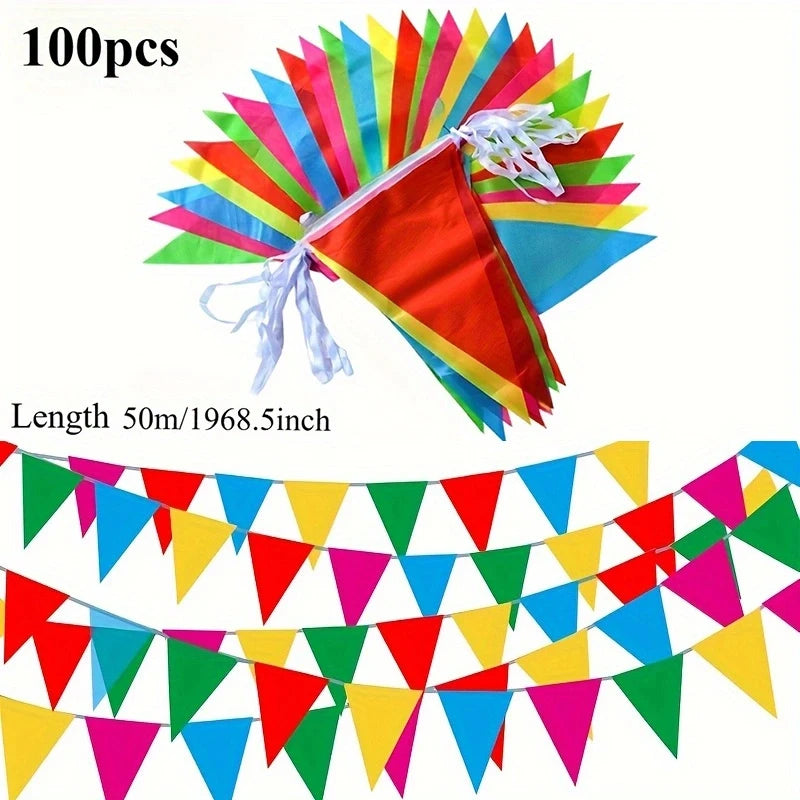 A colorful pennant banner flag display featuring a red, green, and yellow triangular flag design.