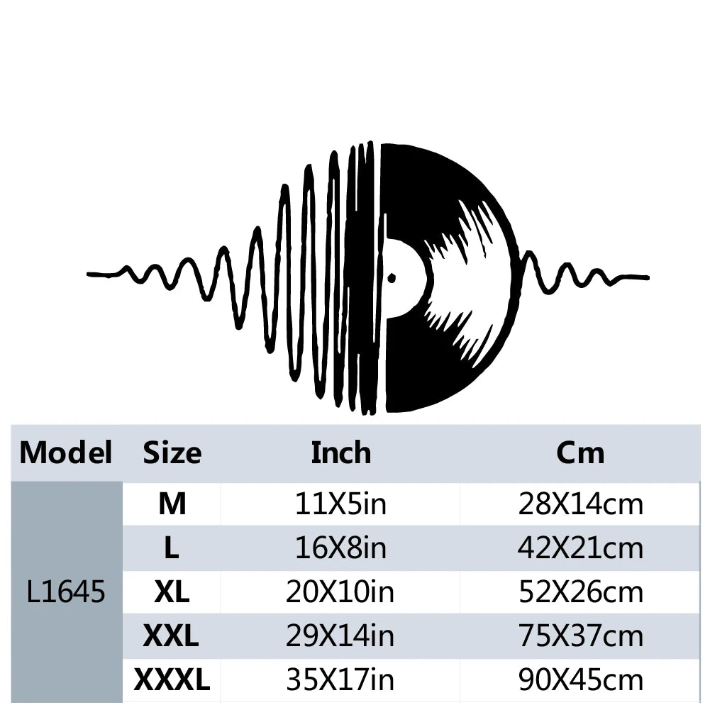 Diagram showing sound waves emanating from a vinyl record, used as a model for size measurements.