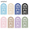 A set of nine decorative arched floral patterns in various shades of blue, beige, and purple for event backdrops
