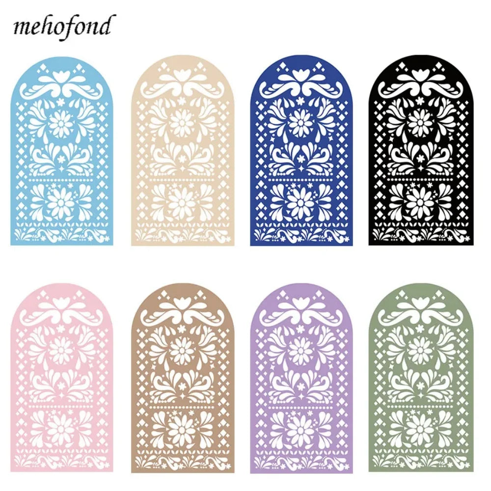 A set of nine decorative arched floral patterns in various shades of blue, beige, and purple for event backdrops