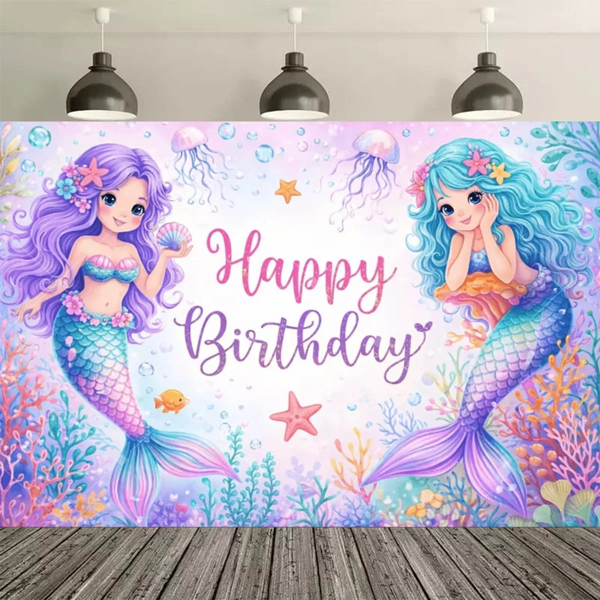 A vibrant mermaid tail birthday backdrop featuring purple and blue scales, sea flora, and sparkling elements.