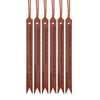A set of ten brown leather bible bookmarks with engraved scripture verses hanging from a cord.