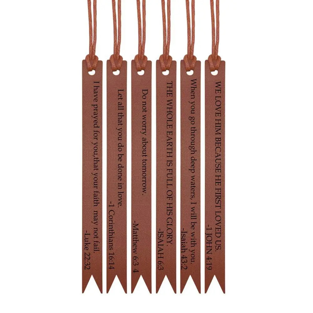 A set of ten brown leather bible bookmarks with engraved scripture verses hanging from a cord.