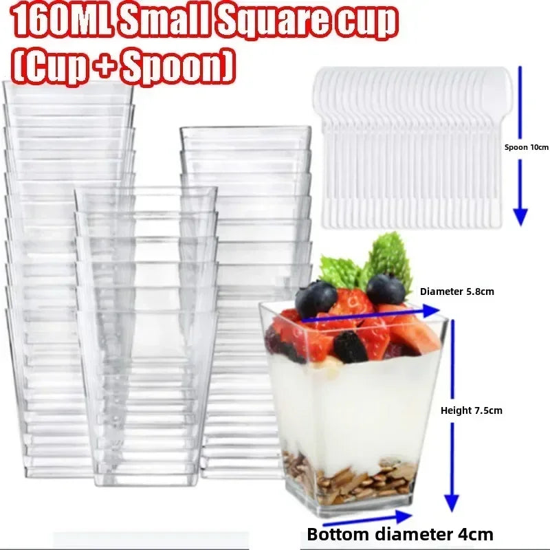 A set of 160ml small square clear plastic dessert cups and spoons for serving parfaits or appetizers.