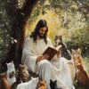 A painting depicting Jesus reading a Bible surrounded by several cats in a lush, leafy outdoor setting.