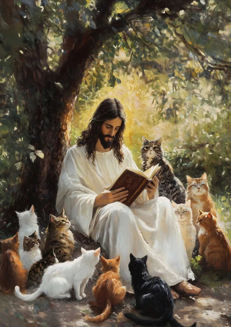 A painting depicting Jesus reading a Bible surrounded by several cats in a lush, leafy outdoor setting.
