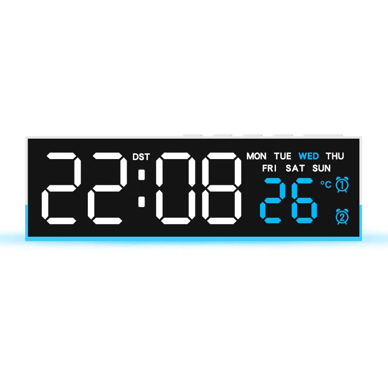 Digital alarm clock displaying 22:08 and 26 degrees with day of the week indicators.