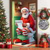 A festive Christmas themed Santa figure dressed in a red suit sits on a toilet, shown in a door cover context.