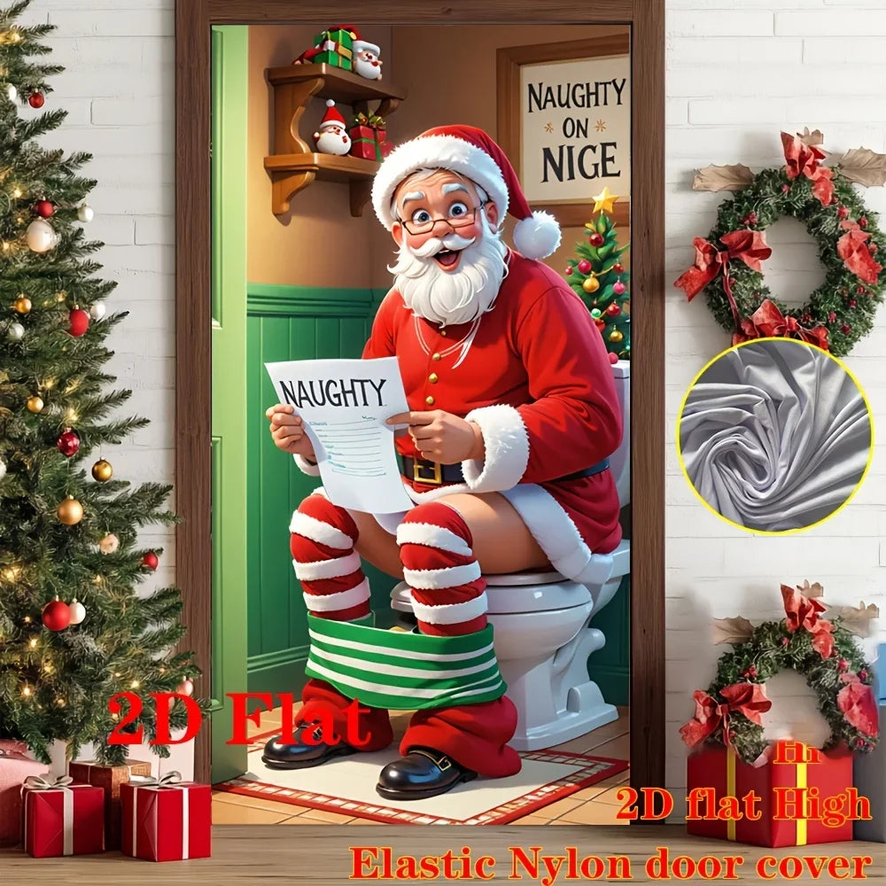 A festive Christmas themed Santa figure dressed in a red suit sits on a toilet, shown in a door cover context.