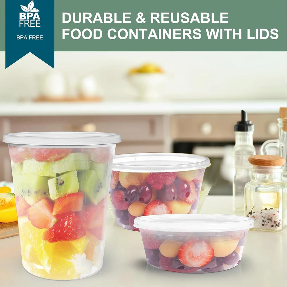 Clear BPA-free food containers with lids filled with fresh fruit and vegetables