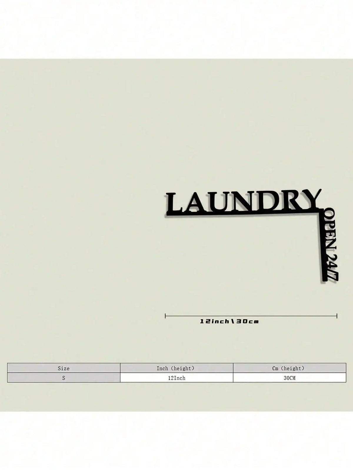 Black metal wall decor sign with the word LAUNDRY and an arrow indicating OPEN 24/7, shown next to a size chart.