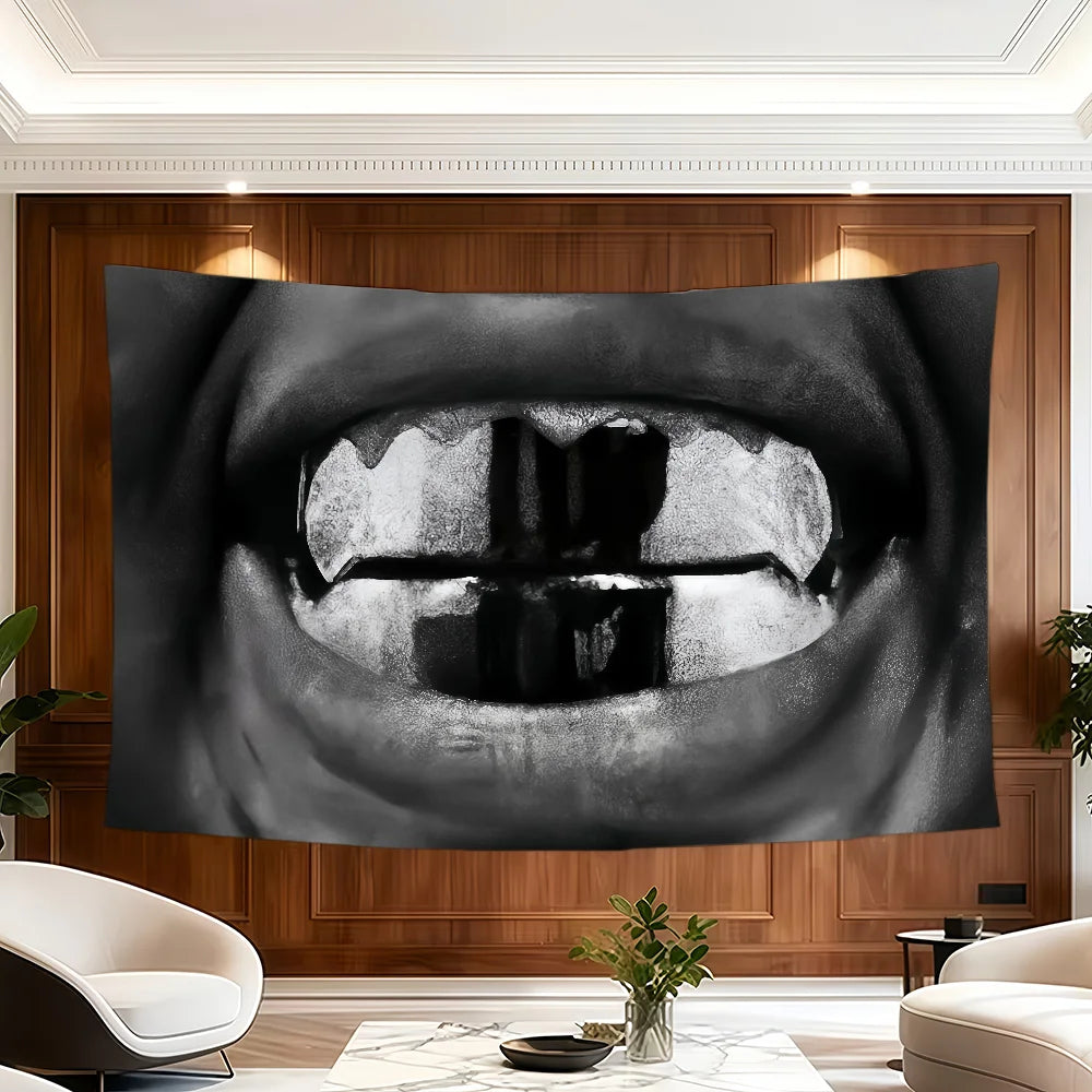 A close-up black and white photograph of an open mouth with teeth visible.