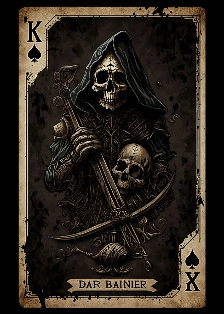 Dunkelkarte mit Totenkopf- und Kreuz-Bein-Motiv, verhüllte Figur und Schwert, beschriftet Dar Bainier.
