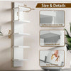 A modern white 5-tier vertical wall shelf with details showing dimensions and features like non-porous links and composite wo
