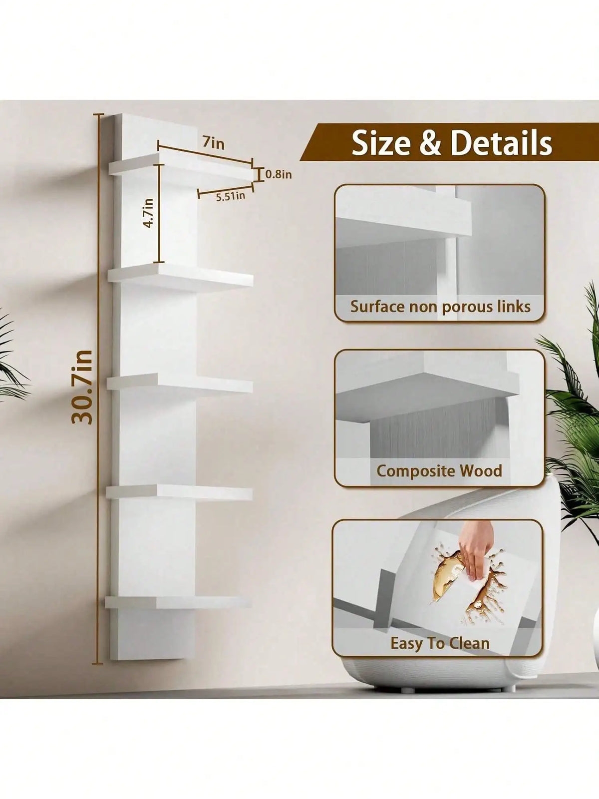 A modern white 5-tier vertical wall shelf with details showing dimensions and features like non-porous links and composite wo