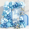 A blue balloon garland arch kit featuring light and dark blue balloons decorated with white flowers for weddings or parties.