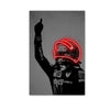 A hand with a raised index finger is visible against a gray background, superimposed with a glowing red motorcycle helmet des