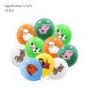 A collection of 10 latex balloons featuring various farm animals like cows, pigs, and horses in green, orange, and white colo