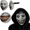 A realistic smiling demon latex mask is shown in various views, including a close-up of the face and a full depiction with a 