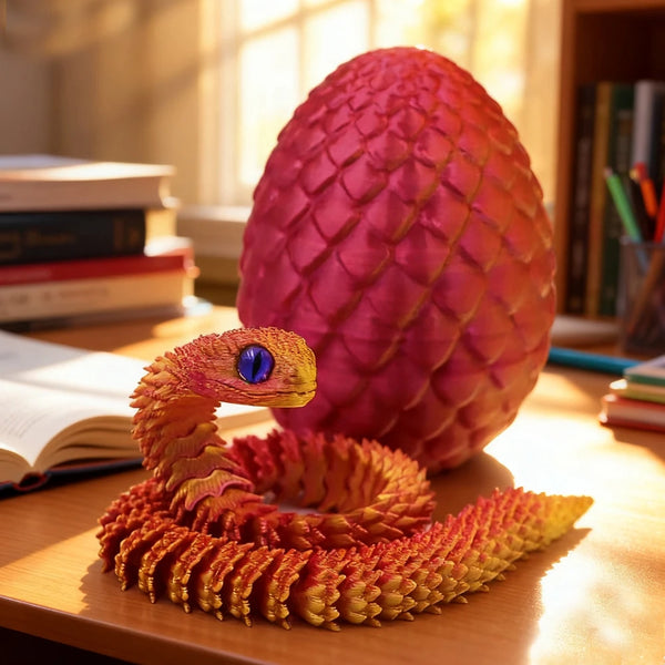 Juguete serpiente móvil 3D naranja y amarillo vibrante sobre una superficie de madera junto a un gran huevo rosa.
