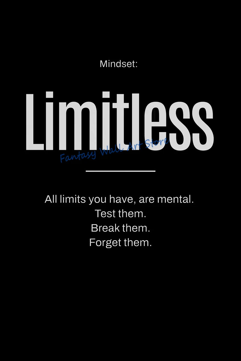 Black background with white text reading Mindset: Limitless All limits you have are mental. Test them. Break them. Forget the