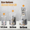 Three sizes of transparent acrylic money saving jars labeled S, M, and L showing different dimensions.