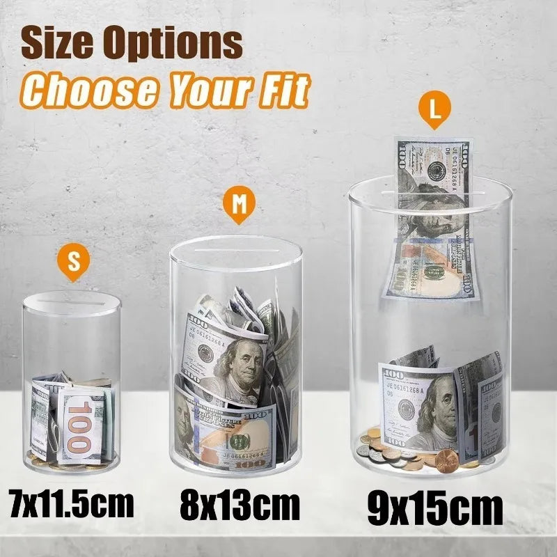 Three sizes of transparent acrylic money saving jars labeled S, M, and L showing different dimensions.
