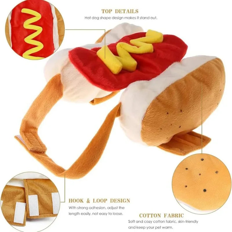A classic red and yellow hot dog costume for dogs with a hook and loop design.