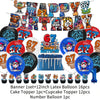 A banner featuring numbers 6 and 7 and various letters decorating a birthday party setup.