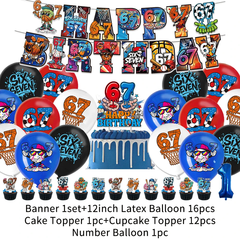 A banner featuring numbers 6 and 7 and various letters decorating a birthday party setup.